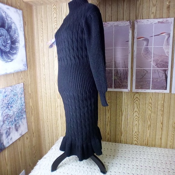 Women's Turtleneck Ribbed Elbow Long Sleeve Knit Sweater Dress - Picture 4 of 8